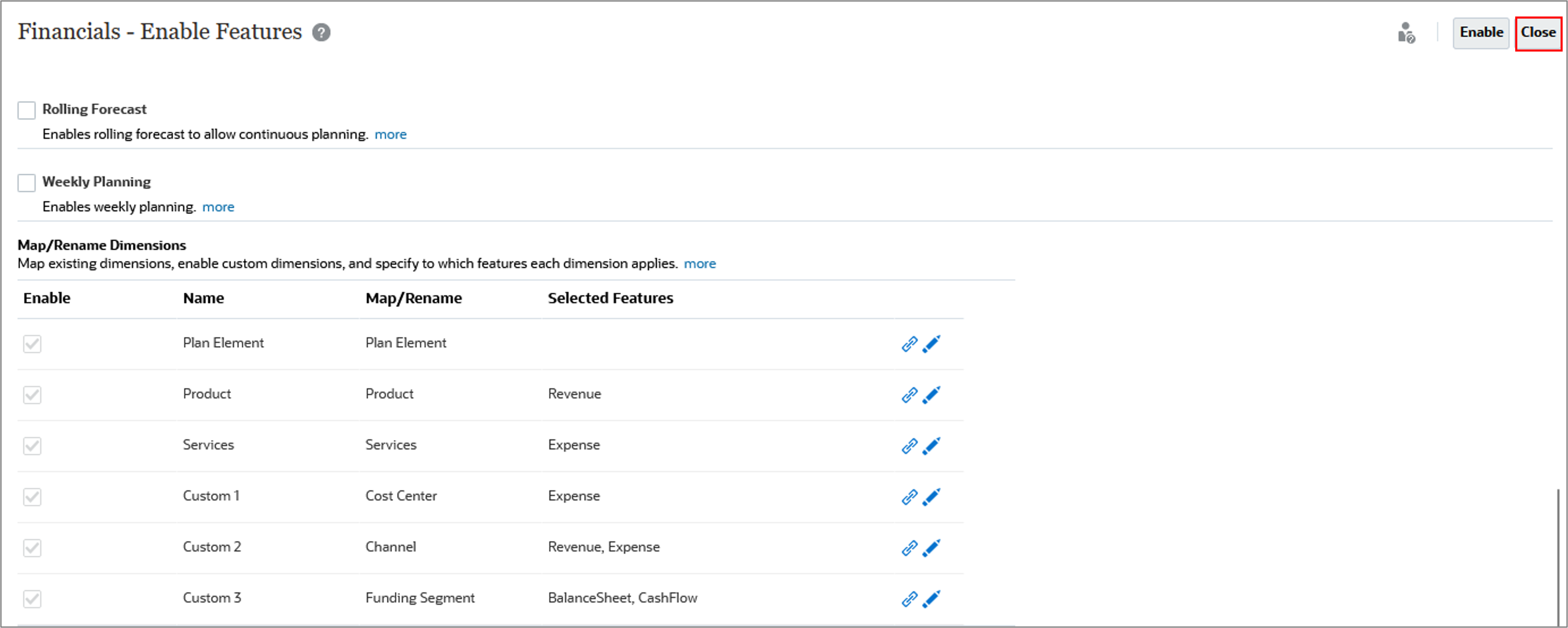 Enable Features Close Highlighted